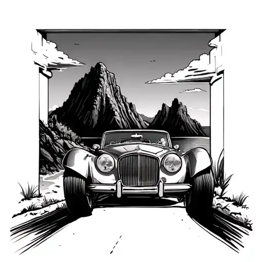 Vintage Car Driving Through A Mountain Tunnel With A Beach View