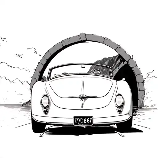 Vintage Car Driving Through A Mountain Tunnel With A Beach View