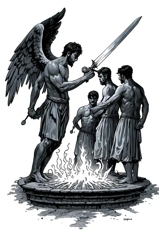 3 Men In A Furnace Protected By An Angel Holding A Sword