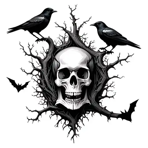 A Poison Tree With A Skull In The Base Of It With Crows And Bats Around It And One Crow On A Branch