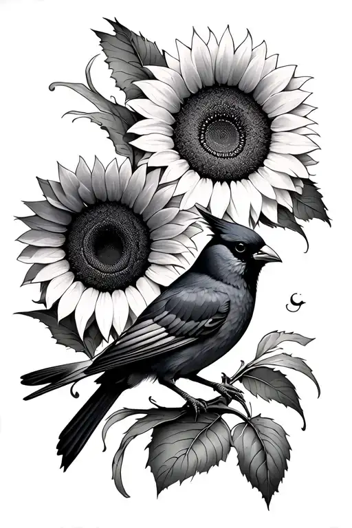 Sunflowers And Cardinal Flying