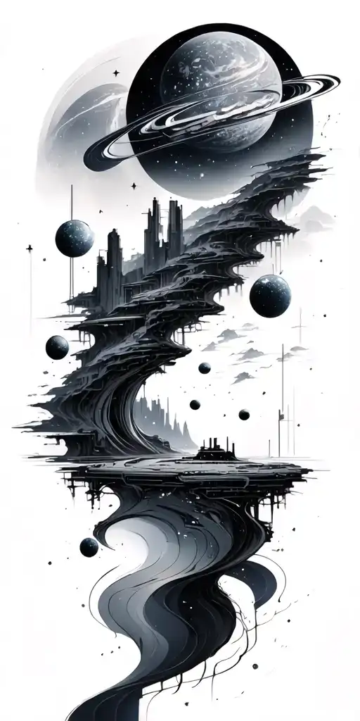Galaxy Landscape With Technology Tattoo Sketch