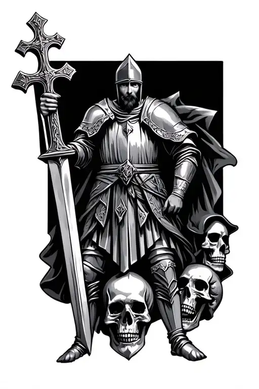 Crusader Knight Holding His Sword And A Cross Standing Above Skulls