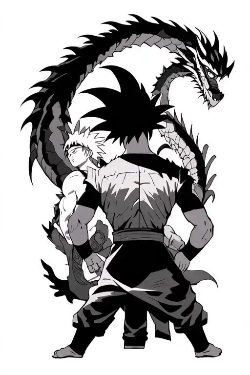 Goku With Dragon Shinron At His Back Facing Off Naruto With Karuma At His Back