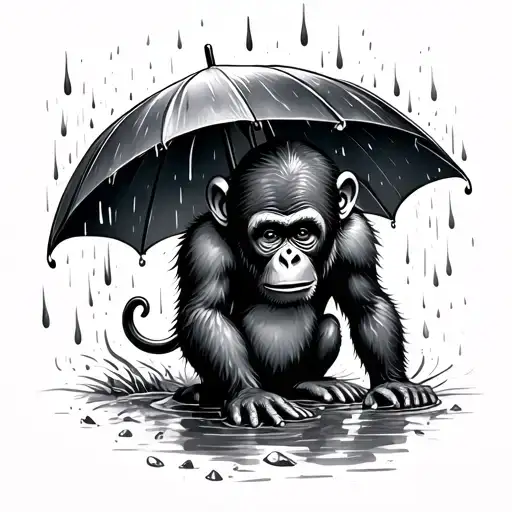 Monkey In The Rain With An Umbrella Looking Sad