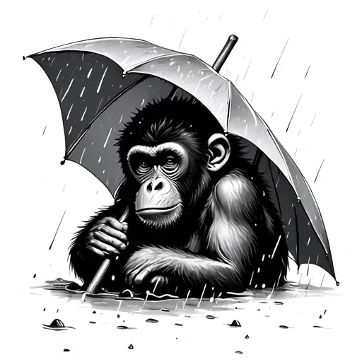 Monkey In The Rain With An Umbrella Looking Sad With Less Detail