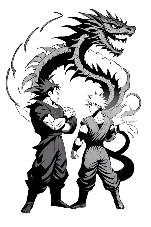 Goku With Dragon Shinron Behind Him Facing Off With Naruto With The 9 Tails Behind Him