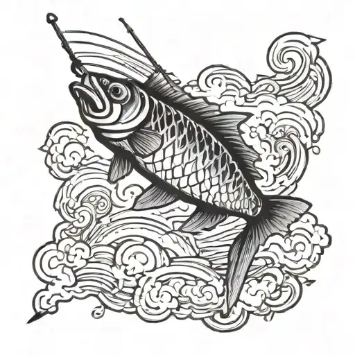 A Fish Caught On A Fishing Pole Jumping Out Of A Cloud As If The Cloud Was A Body Of Water