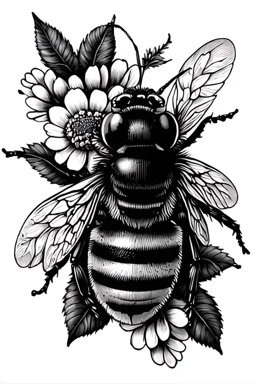 Honey Bee Surrounded By Flowers With Leaves And Stippling In A Symmetrical Design