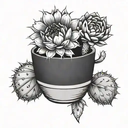Small Cactus On A Pot With A Sun Flower Hugging The Cactus