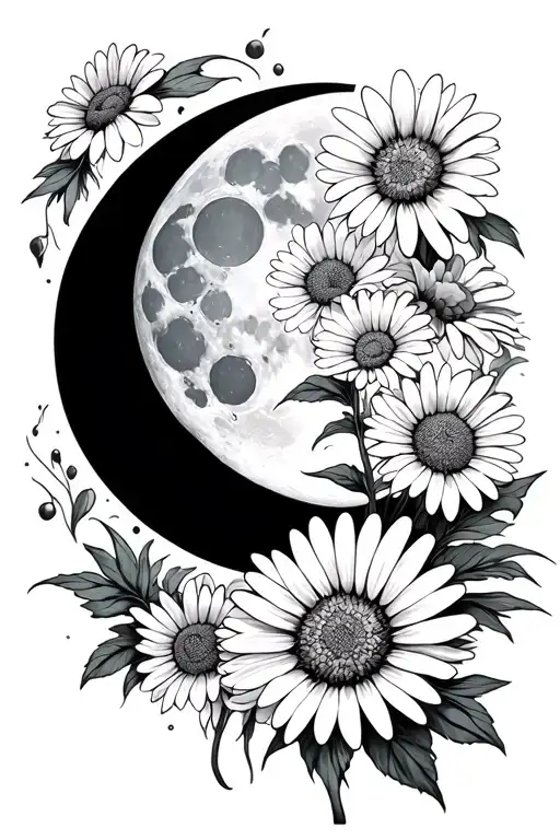 Waxing Gibbus Moon And Daisy Flower