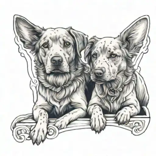 Two Dogs Looking Down From Heaven Gates