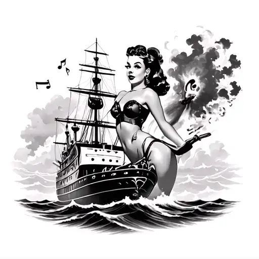 Rockabilly Pinup Girl Dressed On A Ship Blasting Music Waves