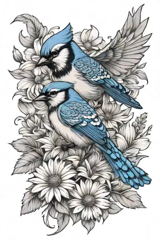 Flowers Daisy With Blue Jay Bird Flying