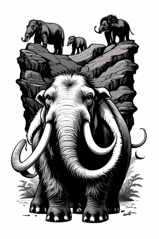 Woolley Mammoth With Cave Paintings Of Animals In The Background