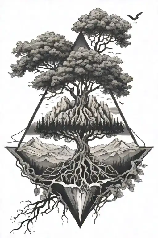 Tree With Roots At The Bottom Mountains In The Middle And Space On Top Inside Diamond Shape
