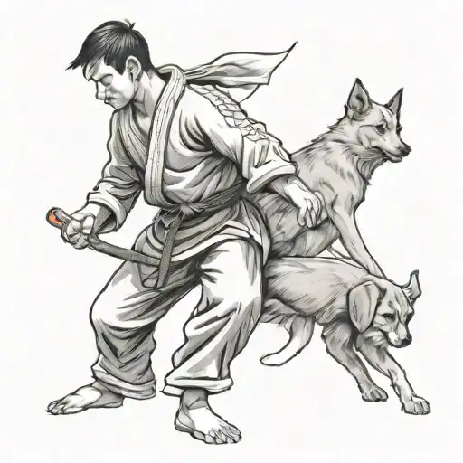 A Tattoo Design Of A Student Practicing Martial Arts With A Dog By Their Side