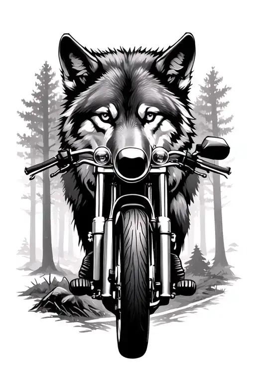 Motorcycle In The Background On A Forest Road With A Wolf Hiding In The Forest