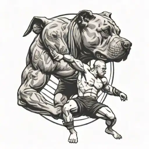 A Tattoo Design Of A Student Practicing Mma With A Pitbull By Their Side