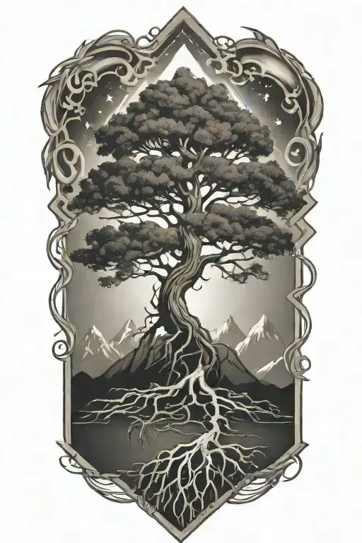 Christian Tree With Roots With Mountains And Space Above It Inside Diamond Designs