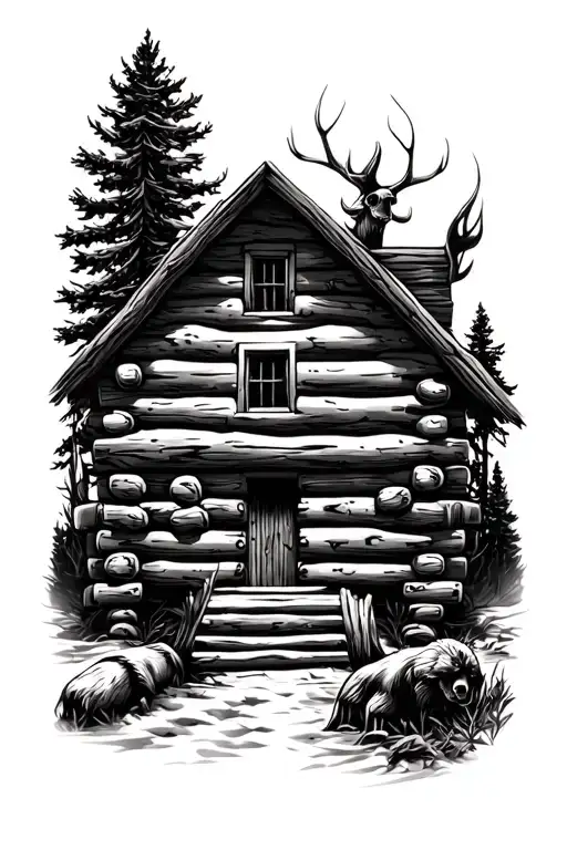Log Cabin And Hunting Scene