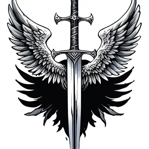 A Back Tattoo In The Middle With A Sword And A Wing On Top Of That