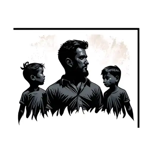 Thin Black Frame In Portrait Orientation With A Silhouette Inside Of A Father And His 2 Sons
