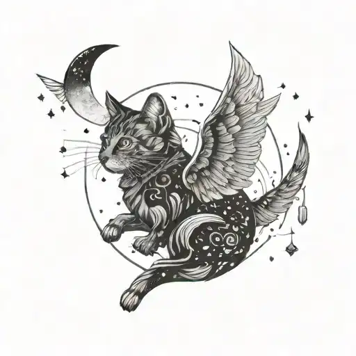 Cat With Wings And Constellations In Its Body Jumping Over A Crescent Moon
