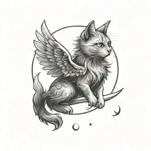 Cat With Wings Jumping Over A Crescent Moon