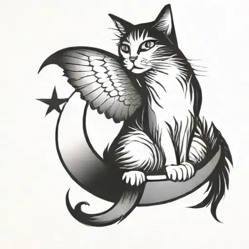Cat With Wings Jumping Over A Crescent Moon