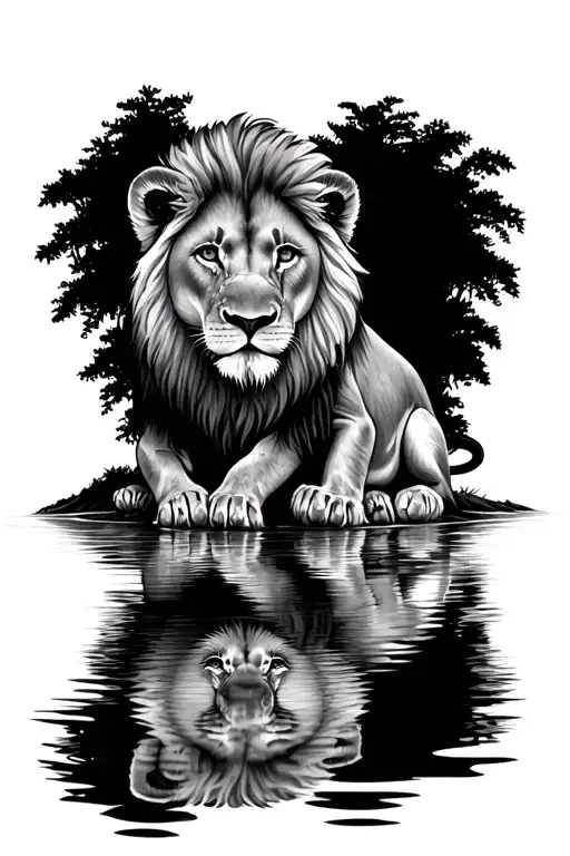 Lion Cub Sitting With Lion Reflection In A Lake