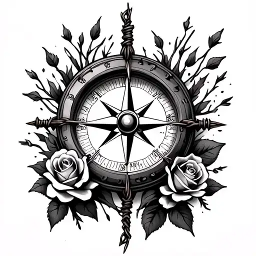 Old World Compass With Barbwire And Roses