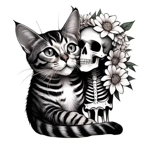 A Skeleton Hugging A Tabby Cat With Flowers Around Them