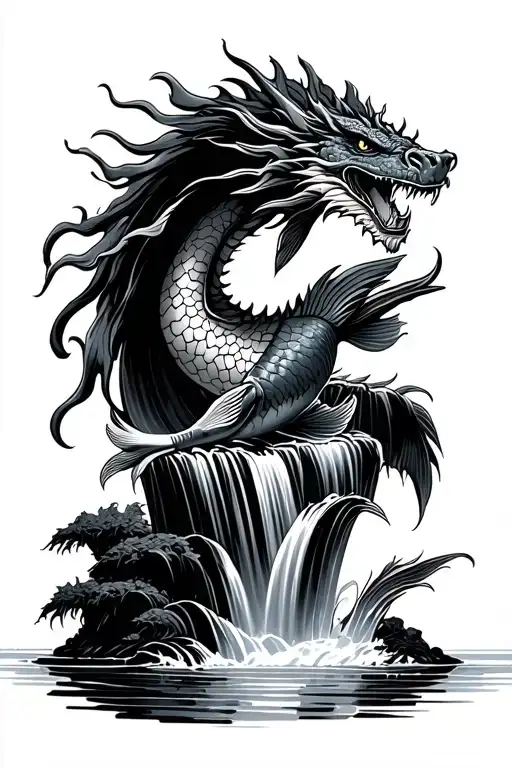 Koi Fish Swimming Upstream Waterfall Facing A Dragon On Top Of The Waterfall