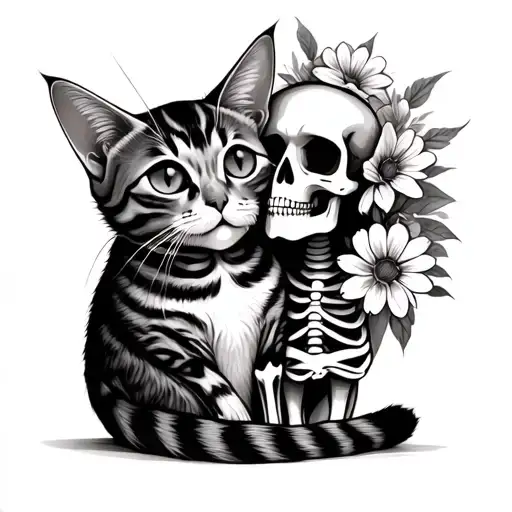 A Skeleton Hugging A Tabby Cat With Flowers Around Them