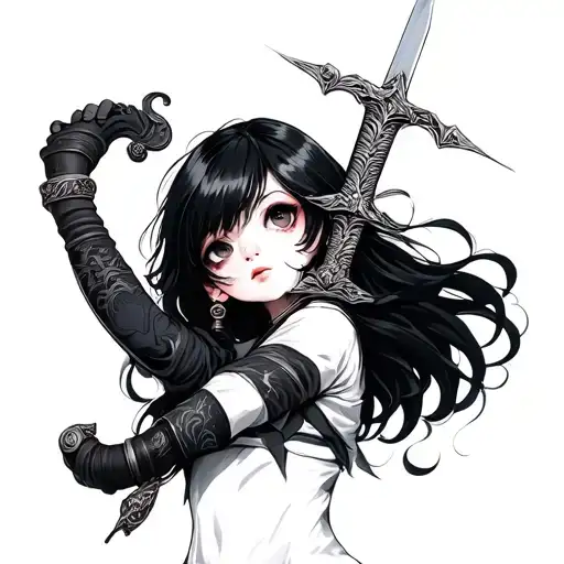 Cute Girl With Black Hair With A Sword