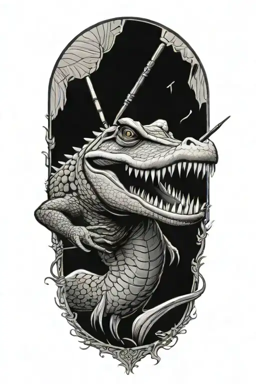 An Alligator Fishing With A Rifle In Its Mouth Open