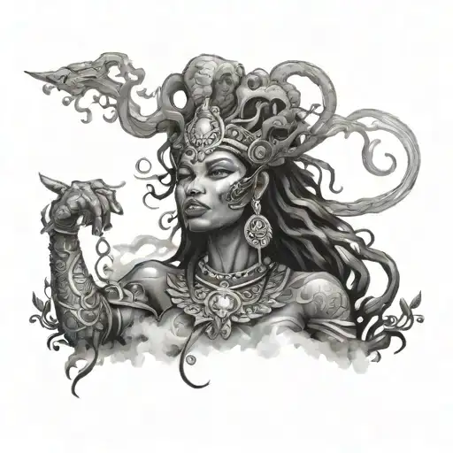 Smoke Swirling Around A Powerful Black Warrior Goddess In A Mystical Forest Setting