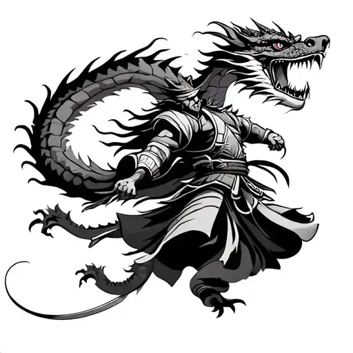 Samurai And A Dragon Flying