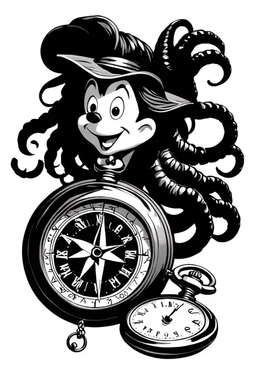 A Compass And A Pocket Watch Disney Character And A Small Medusa Hidden In The Design
