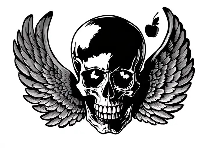 Pair Of Wings With A Skull In The Center That Has An Apple In Its Mouth