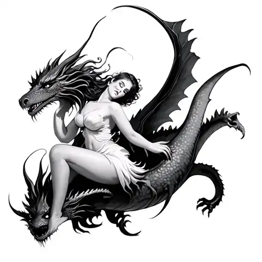 Beautiful Woman On A Dragon Flying Together