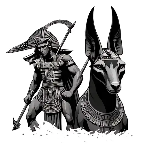 The Egyptian God Of War Mountu Ra Stood With Anubis