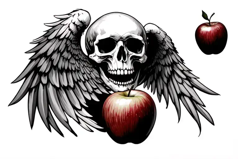 Pair Of Wings With A Skull In The Center With An Apple In The Mouth