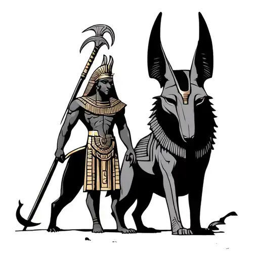 The Egyptian God Of War Mountu Ra Stood With Anubis