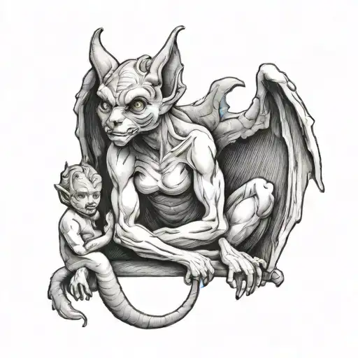 Mother Gargoyle Holding Young Daughter Gargoyle