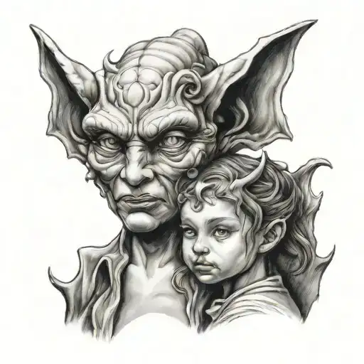 Mother Gargoyle Holding Young Daughter Gargoyle