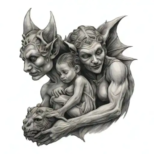 Mother Gargoyle Holding Young Daughter Gargoyle
