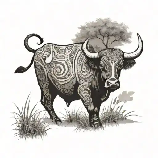 A Stylized Carabao Charging Through A Field With A Serene Background