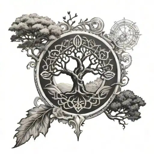 A Tree Of Life Design Incorporating Elements Of Travel And Alpinism